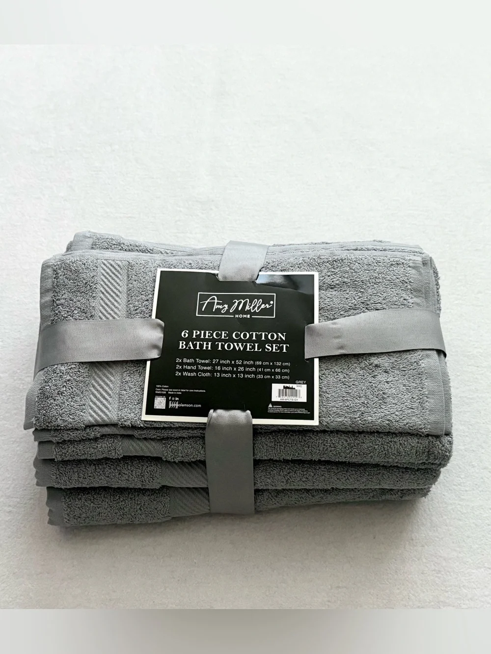 Amy Miller Home 6 Piece 100% Cotton Bath Towel Set Gray NWT Soft Absorbent
